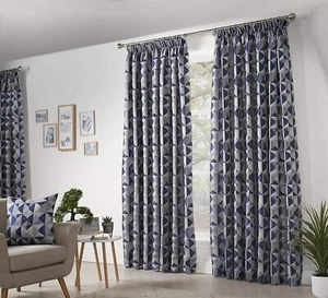 Coppia di tende pieghettate a matita blu navy e grigio design geometrico tutte le taglie foderate - Foto 1 di 3