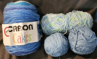 Lot Of Yarn 1 Partial Caron Cake, 1 Skein Ombre (Blue, Green & White) And 2 Blue - Image 1 of 4