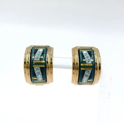 Hermes Earrings GP Enamel Blue Gold 1.5cm Width Vintage Style Rare Goldtone - Image 1 of 4