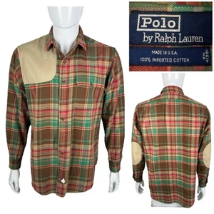 Polo Ralph Lauren Mens Large Shooting Shirt Plaid Patch Vintage Made USA Cotton - Picture 1 of 14
