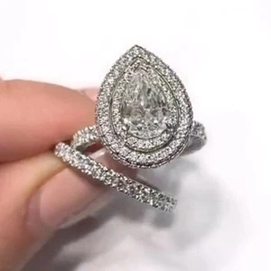 2.6Ct Pear Cut Lab Created Halo Bridal Set Engagement Ring 14K White Gold Plated - Picture 1 of 5