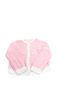 Rachel Riley Childrens Girls Bow Detail Cardigan Sweater Pink White Wool Size 8 - Picture 1 of 5