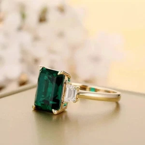 3.65 Ct Emerald Cut Natural Emerald & Diamond Engagement Ring 14K Yellow Gold - Picture 1 of 4