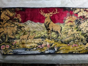Vintage Wandteppich Wandbehang Libanon Hirsch/Hirsch Wald Szene 19"x38" - Bild 1 von 8