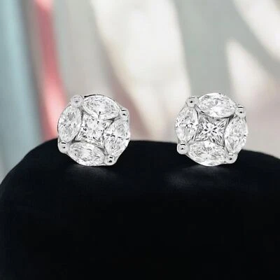 Stunning 2 TCW F/VS1 Princess Marquise Cut Diamonds Stud Earrings 14K White Gold - Image 1 of 4