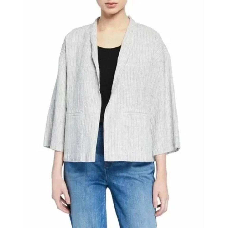 Chaqueta Eileen Fisher Tictac Rayas Manga 3/4 Cuadrada Lino Orgánico Algodón Mediana Foto 1 de 4