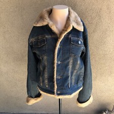 Classic Denim Jeans Jacket with faux fur trim quilted lining medium