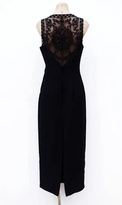 VINTAGE 80s Black Sheer Mesh Embroidered Back Long Split Evening Maxi Dress M! - Picture 1 of 11