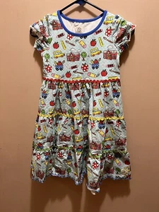 OLIVE MAE USA Boutique Ruffled Twirl Dress -Blue, School Theme Tiered 10/12 NWT - Picture 1 of 5