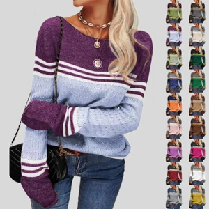 Womens Knitted Colorblock Sweater Tops Long Sleeve Winter Warm Jumper Pullover - Picture 1 of 39
