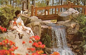 JAPANESE GARDENS Birmingham Botanical Gardens Bridge Waterfall Alabama Postcard - Bild 1 von 2