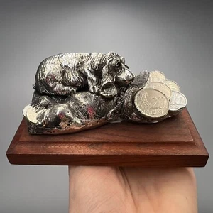 Vintage Sterling Silver Plated Dog Figurine Euro Coins With Wood Base Animal Art - Picture 1 of 10