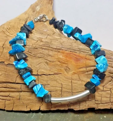 Vintage Blue And  Black Stone Silver Tone Metal Beaded Bracelet Costume Fashion - Imagem 1 de 4