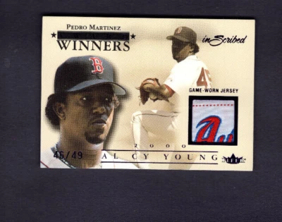 2004 FLEER INSCRIBED AWARD WINNERS PURPLE LAUNDRY TAG PATCH PEDRO MARTINEZ #/49 - Image 1 of 2