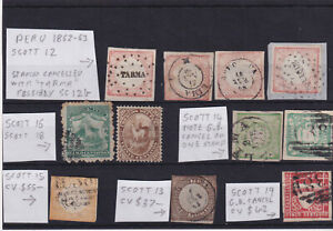 Peru 1862 - 1873 sc 12, 13, 14, 15, 16, 18, 19, stamps 3 C38 GB cancels lot ST05