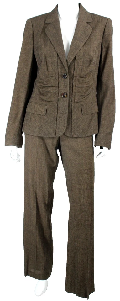 ESCADA Black & Brown Wool Woven Ruched Blazer & Pant Suit Set 38 - Image 1 of 4
