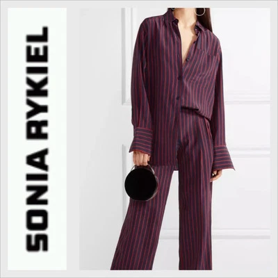 Sonia Rykiel Navy Blue & Red Striped Silk Crepe De Chine Shirt sz 36 - Image 1 of 4