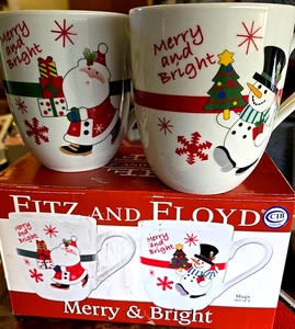FITZ & FLOYD SET-2 WEIHNACHTSMANN/SCHNEEMANN "MERRY & BRIGHT" WEIHNACHTSTASSEN/TASSEN Hot COCOA - Bild 1 von 11