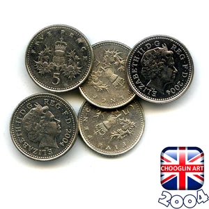 Satz (x5) britische 2004 Elizabeth II FÜNF PENCE 5p Münzen, 21 Jahre alt! - Bild 1 von 1