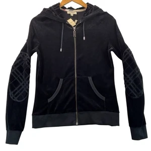 Burberry London Velour Hoodie Jacket Women's Sz M Full Zip Black Check Elbow NWT - Picture 1 of 17