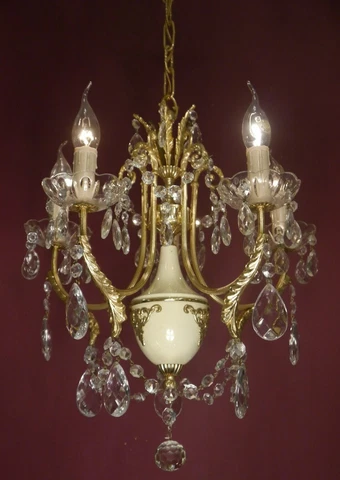 SMALL BRASS CREAM VARNISH CHANDELIER VINTAGE GLASS LAMP CLASSIC 5 LIGHT  Ø 19" Cover