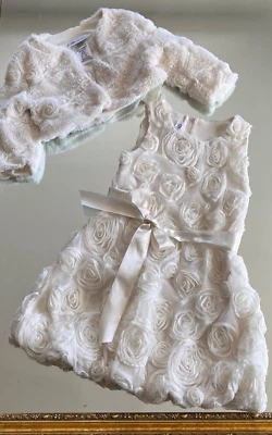 Bonnie Jean ELEGANT Ivory Dress organza floral appliqué & Faux Fur Shrug Sz 6 - Image 1 of 4