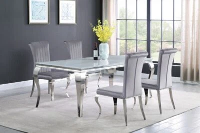 5 PC CONTEMPORARY WHITE GLASS CHROME DINING TABLE GREY VELVET CHAIRS FURNITURE - Image 1 of 4
