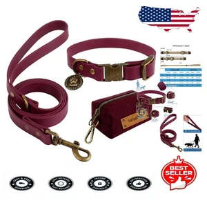 Durable Adjustable Dog Collar Leash Combo with Poop Bag Holder - Burgundy Style - Picture 1 of 9