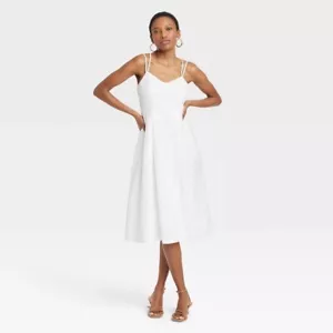Nuevo Vestido Solero Midi Day con Ojales para Mujer Mediano Sin Mangas Bolsillos Blanco - Imagen 1 de 12