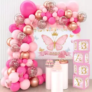 Pink Butterfly Baby Shower Decorations for Girl,Pink Balloon Garland Arch Kit... - Picture 1 of 2
