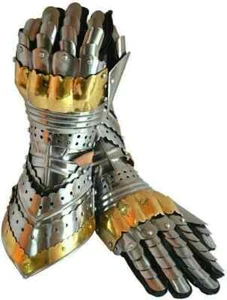 Brass Gauntlet Gloves Knight Crusader Steel Armor Larp Costume Medieval Accents - Picture 1 of 4