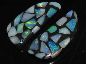 Australian Opal Doublet Multi Fire Smooth Cabochon Matching Pair 28X12X3MM - Picture 1 of 8