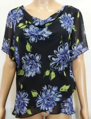 Blusa STUDIO 1 Talla 16P Negra con Flores Azules Cuello Capucha Manga Corta Top Camisa Foto 1 de 4