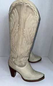 VTG 70s 80s Zodiac USA Leather Boots Cream Western Cowboy Size 7 Embroidered - Picture 1 of 10