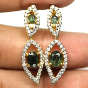 925 Plata de Ley Azulado Verde Zafiro & Blanco Circonita Pendientes 18K Oro - Imagen 1 de 4