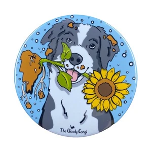Australian Shepherd Dog Sunflower Magnet Floral Dog Decor Gift - Black and White - Picture 1 of 12