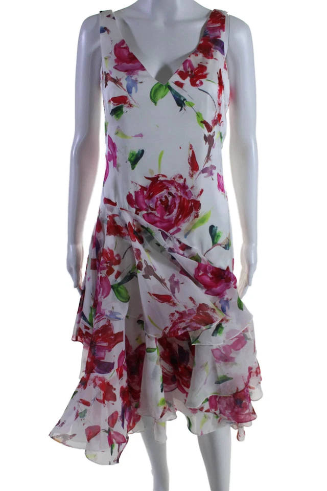 Vestido Theia Para Mujer Cremallera Trasera Sin Mangas Cuello en V Estampado en Niveles Blanco Multi Talla 4 Foto 1 de 4