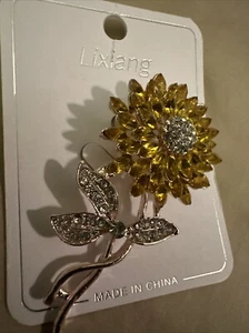 Exquisite Sunflower Brooch W/Inlaid Yellow Faux Gems &Silver Rhinestones Brooch - Picture 1 of 6