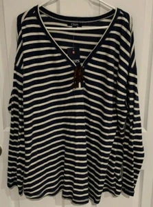 Top Chaps blu/crema a righe scollo a V manica lunga - 2X - NUOVO - Foto 1 di 3