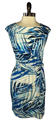 JESSICA HOWARD Size 14 Sheath Dress Blue White Cap Sleeve Stretch Knee Length - Image 1 of 4