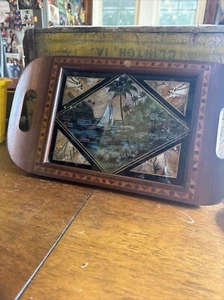 VINTAGE brasilianisches Inlay Holz Morpho Schmetterling Flügeltablett Segelboot Palmen - Bild 1 von 9