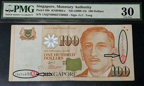 Singapore $100 Banknote Mismatched S/N Error PMG  #p50b 2009 862/863 RARE Cover