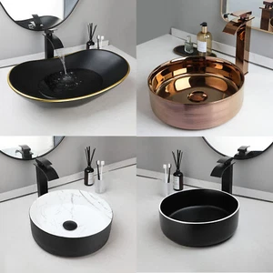 Bathroom Vessel Sink Ceramic Washing Bowl Deck Mounted Brass Mixer Tap Drain Set - Picture 1 of 55