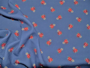 Bullet Printed Liverpool Textured Fabric Stretch DenimBlue Red Yellow Floral O46 - Picture 1 of 1
