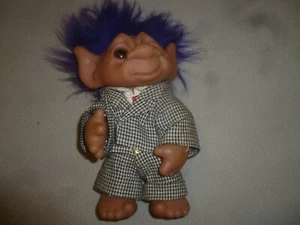 VINTAGE DAM THOMAS TROLL 9" DOLL PURPLE HAIR 1977 DENMARK CHECKERED SUIT - Picture 1 of 6