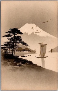 Hand-Painted Japanese Art Postcard MOUNT FUJI SCENE Boats & Houses -Gold Accents - Picture 1 of 2