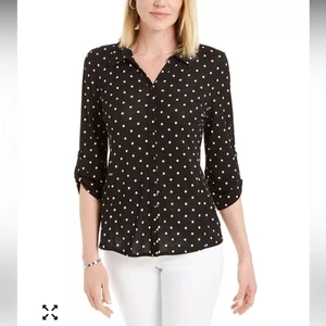 Charter Club Mesh Polka Dot Button-Up Top Gr. L schwarz weiß Rollriegel Ärmel - Bild 1 von 11