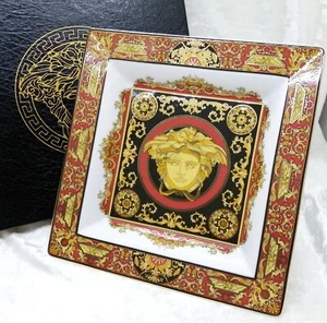 Versace Rosenthal Collaboration Medusa Ashtray Large Tray 22 cm Red Gold W/ Box - Picture 1 of 13