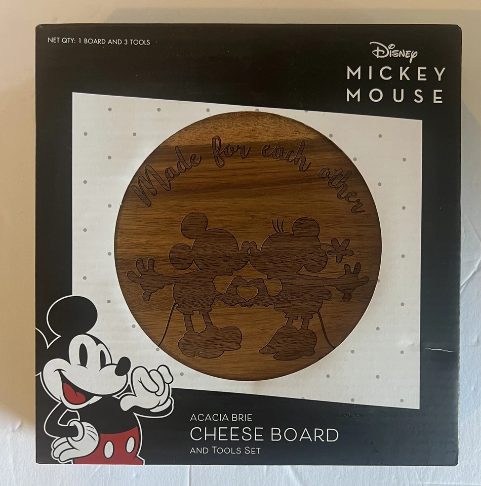 Disney Mickey & Minnie Mouse Acacia Brie 7.25" Wood Cheese Board & Tool Set NEW - Image 1 of 2