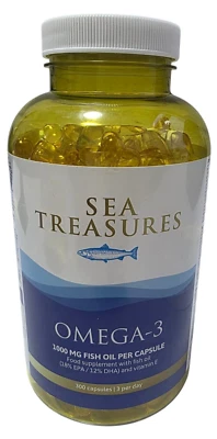 SEA TREASURES OMEGA 3 Fischöl Kapseln 1000 mg mit 18% EPA & 12% DHA und Vitamin E 300 Stück
